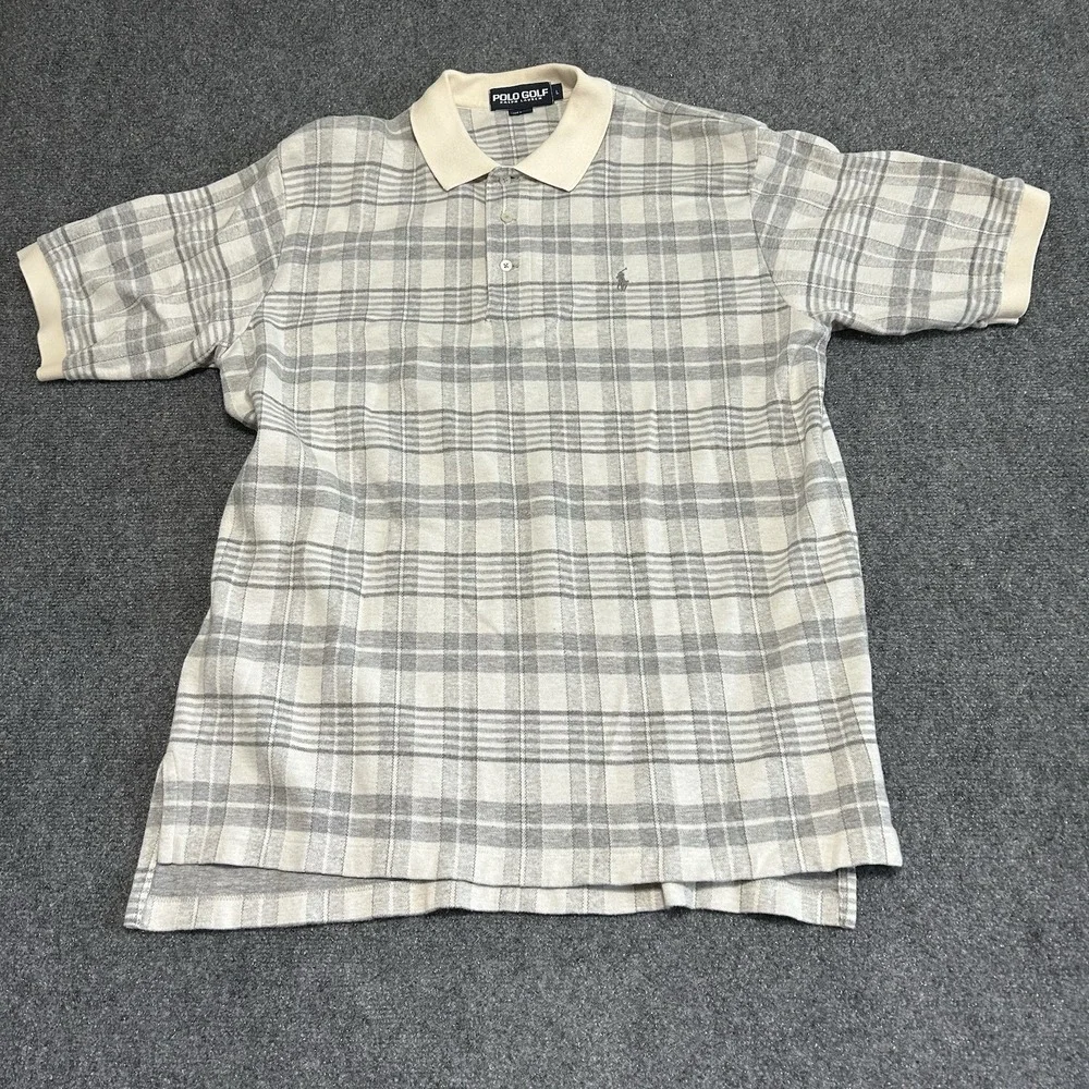 Ralph‎ Lauren Polo Golf Shirt Men's Size Large  Gray Plaid All Over Print Golf